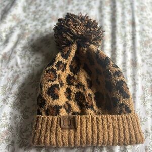 C.C Leopard Print Beanie with Pom-Pom - Brown and Tan